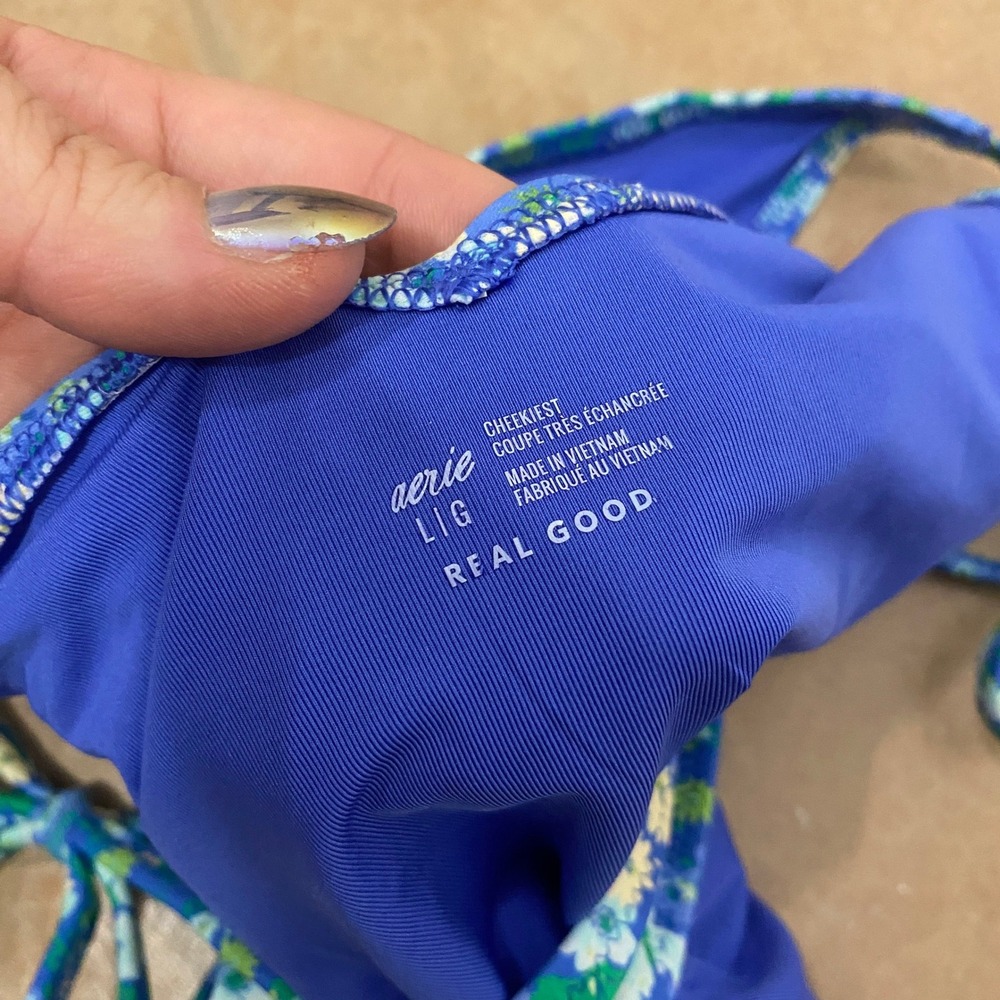 Aerie Large Blue Green Floral Side Tie Cheeky Bikini Bottom - Picture 3 of 4